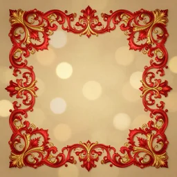 red and gold ornamental filigree swirls, bokeh