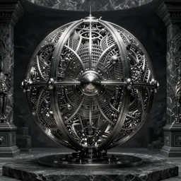 steel mechanical sphere in dark stone room, intricate, elegant, sharp focus, highly detailed, concept art, digital painting, giger, beksinski