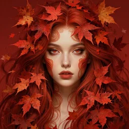 girl with super long hair, hair becoming autumn red leaves, intricate, highly detailed face!!, digital painting, artstation, concept art, smooth, sharp focus, illustration, unreal engine 5, 8 k, art by artgerm and greg rutkowski and alphonse mucha
