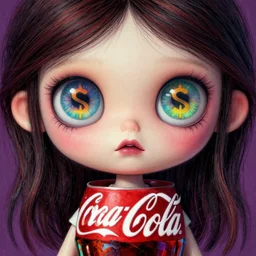 the coke logo personified as a cute sprite themed cartoon girl in the style of the youtuber lavender towne, margaret keane style, large creepy eyes, extremely detailed and colorful eyes, digital art, deviant art, soda themed girl, hyper detailed eyes, money sign pupils, tim burton, scratchy lines