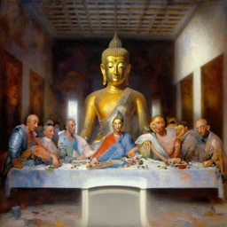 a beautiful painting cyberpunk gold buddha the last supper, by salvador dali realistic oil painting