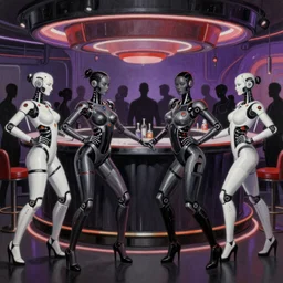 ultra realist soft painting render of the inside of a futuristic bar, beautiful cyberwear armored cyborg dancers, crowded silhouettes, symmetry accurate features, very intricate details, black white red purple color palette, masterpiece award winning, cinematic lighting, focus, tom bagshaw artstyle