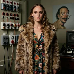 Natalie Portman, wearing a long floral dress, very detailed portrait, ultrarealistic, dramatic lighting, electrical details, high details, 4k, 8k, best, accurate, trending on artstation, fur, artstation, photorealism, ultrarealistic, digital painting, style of Dali, Caravaggio, Boris Vallejo