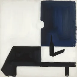 minimal in the style of ivon hitchins. still life on a table. black, white, navy. studio lighting. drawing on painting, brush marks. expressive abstraction.. in the style of john craxton