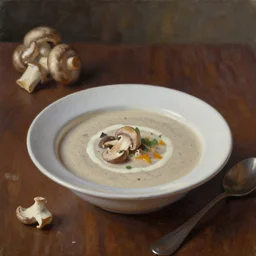 Mushroom soup, on a table, dim lighting, oil painting