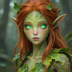 A realistic anime portrait of a beautiful dryad with glowing green eyes, tree bark skin, and ginger hair wearing clothes made of leaves, digital painting, by Stanley Artgerm Lau, Sakimichan, WLOP and Rossdraws, digtial painting, trending on ArtStation, SFW version