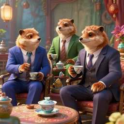 the portrait weasels in suits sit and drink chinese tea by wenjun lin, irakli nadar, bright colors, octopath traveler, wenjun lin, unreal engine 5 highly rendered, global illumination, radiant light, detailed and intricate environment