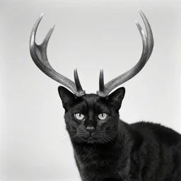 black and white vintage photograph of a black cat with antlers, deer antlers n- 3