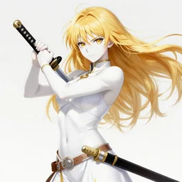 renaissance anime brave elf girl with white skin, strong pose, stunning face, katana in hand, golden hair blowing the wind, strong pose, trending art, dynamic photography, centered, fate zero, extremely high detailed, bokeh color background, studio ghibly makoto shinkai yuji yamaguchi, by wlop