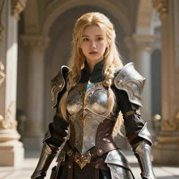 Beautiful art portrait of a blond girl as a fantasy warrior in a bright temple, atmospheric lighting, intricate detail, cgsociety, hyperrealistic, octane render, RPG portrait, ambient light, dynamic lighting