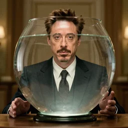 robert downey jr with his head in a fish bowl, cinematic still