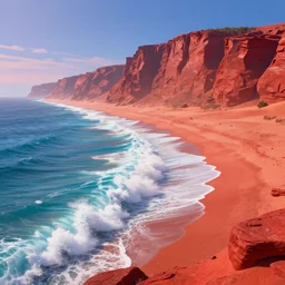 a gorgeous landscape on another planet, in the style of thomas cole and pixar. beautiful beyond imagination! large ocean waves crash into a red sand dune beach! red rock cliffs stretch into the distance! hyperrealism, extremely detailed! 8 k, smooth gradient cgi, path tracing, trending on artstation
