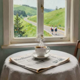 “ nostalgic painting of a breakfast table with a steaming cup of coffee and a newspaper. the window behind it shows a green idyllic hill with a road on it, and families walking to school. realistic style. ”