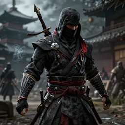 Ingame Screenshot of Assassins' Creed 6: Tokyo Shinobi, for ps5, Dark, Highly Detailed, Feudal era Japan, Shinobi, Ninja, Tokyo, Ghost of Tsushima and Sekiro as references, Wielding Kunai, Unreal engine 5, HD, Ultra Graphic settings, 8k, GTX 3090, 🔥 😎 🕹️ 👀  :2 ,Ninja, Stealth, Shinobi, Smoke :6