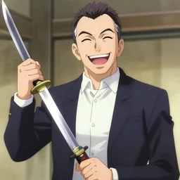 cel shaded anime jeff bezos evil holding a katana laughing