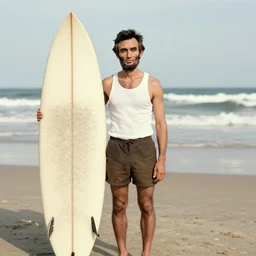 old photo of a young abraham lincoln in tank top and shorts with a surf board at the beach