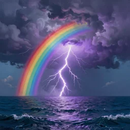 a beautiful 3 d painting of rainbow storm with purple lightning through the clouds over the sea
