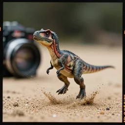 kodak portra 4 0 0, 5 0 mm leica summicron f 1. 2, action photography, long shot, dirty lenses, award winning macro photo of a tiny dinosaur in the middle of a jump to sand, sand splash, fast shutter speed, motion blur, tiny gaussian blur, highly detailed, highly intricate, depth of field, national geographic, 4 k