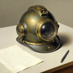 botanical illustration of an old diving helm on a table, researcher notes, by tony diterlizzi