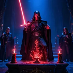 sidious doing a sith ritual, magic, alchemy, incantations, red, blue lighting, altar, greg rutkowski, jeremy mann, magalie villeneuve, without laser, without lightsaber