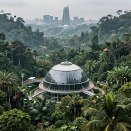 an expansive view of a futuristic containment building in a rainforest valley with a futuristic city in the distance, tropical, national geographic, hyper realistic, 4 k, hazy light