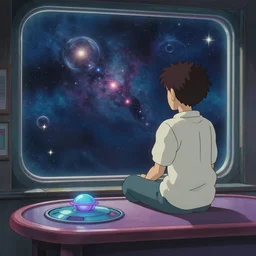 a guy sitting in a window looking out at space : : ufotable studio art style, ghibli studio, small details, magical aesthetic, fantasy aesthetic, sparkles, 4 k, hd, smooth,