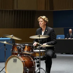 A medium shot of The Prime Minister of Sweden, Magdalena Andersson, playing a drums on stage in the UN Assembly Hall. Cinematic lighting, photorealistic, cinematography by Stanley Kubrick. 8k. 24mm lens