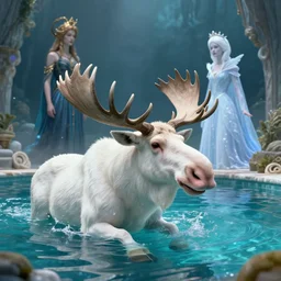 by wesley burt and basil gogos, visually stunning, cinematic, ultra realistic, hyper realism, 1 2 k, epic, octane render, unreal engine, vfx, maya, extraordinary white moose was spotted taking a dip in a pool : the ritual of it, clockwork demeter : from the new science fiction movie, snow queen : cthulhu rising from the ocean