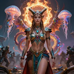 viking goddess photograph tribal princess , on a battlefield, high tech, cyberpunk, dystopian, jellyfish phoenix dragon, butterfly squid, burning halo, intricate artwork by Conrad Roset and Brooke Shaden, very coherent symmetrical artwork, cinematic, hyper realism, high detail, octane render, unreal engine, 8k, Vibrant colors, Smooth gradients, High contrast, depth of field,