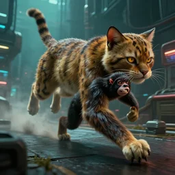 a 🐭 fleeing from a huge 🐱, by mark ryden in cyberpunk environment, 4 k ultra high resolution, horror, long camera shot