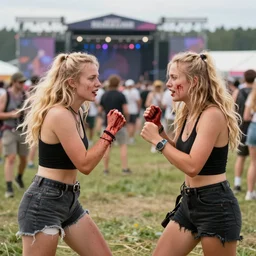 two blonde girls fighting at a music festival, photograph, bloody, nordic summer, ultra detailed