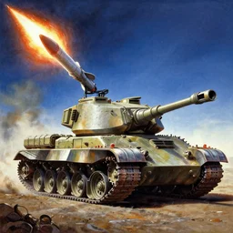 a painting of a tank with a rocket coming out of it, poster art by chris foss, cgsociety, neogeo, movie poster, reimagined by industrial light and magic, poster art
