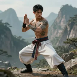 full figure, beautiful fantasy character portrait, male martial artist, young man, fit, tatooed, dressed in fluent oriental pants, mountain background, hyper realistic, highly detailed by peter mohrbacher, wayne barlowe, boris vallejo, paolo eleuteri serpieri