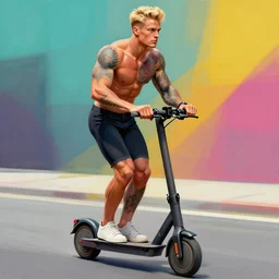 handsome tattooed blonde gym bro rides an e - scooter, cool colors, hard angles, painting by gaston bussiere, craig mullins, j. c. leyendecker, tom of finland