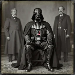 darth!!! vader!!! daguerreotype full body seated portrait photograph of darth!!! vader!!!. inspired by gerard grom and ansel adams and zdzislaw beksinski. highly detailed. old timey.