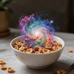 a picture of a cereal bowl on a table with a nebula inside, highly intricate and colorful, nebula, galaxy, hd, 4 k