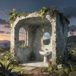 a beautiful hyperdetailed rendering of abandoned nature bathroom architecture by albrecht durer, at night at dusk anime sunlight morning sun futuristic nightvision san andreas, archdaily, wallpaper, highly detailed, trending on artstation.
