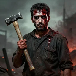 a man with a bloody face holding a hammer, concept art by abdullah gerguri, trending on deviantart, shock art, apocalypse art, concept art, official art