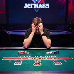 jerma985 gambling at a blackjack table, distraught, wide shot, professional photography, sporting event
