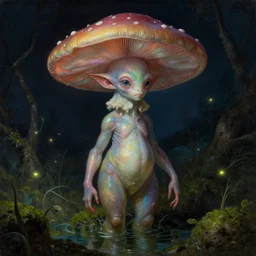 a close - up rococo portrait of a futuristic iridescent mushroom alien elf - like creature standing in water, moss, and swamp. fireflies night time. rich colors, high contrast. gloomy, highly detailed 1 8 th century sci - fi fantasy masterpiece painting by jean - honore fragonard, moebius, and johfra bosschart. artstation