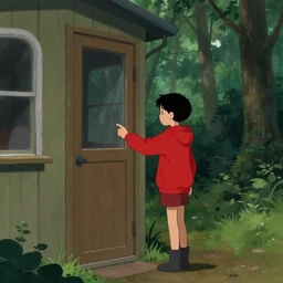 boy in red knock the door of a cabine in a forest, by aenami, alena