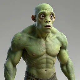 muscular creature with muted green skin, bald, no nose, large eyes, mouth is closed, surprised expression, hyper detailed, digital art, trending in artstation, cinematic lighting, studio quality, smooth render, unreal engine 5 rendered, octane rendered, art style by klimt and nixeu and ian sprigger and wlop and krenz cushart.