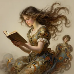 a girl reading a book, dynamic action pose, hair flowing down, intricate, highly detailed, digital painting, artstation, concept art, smooth, sharp focus, illustration, Unreal Engine 5, 8K, art by artgerm and greg rutkowski and alphonse mucha