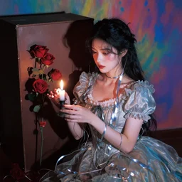 surreal - a beautiful woman of thin metallic ribbon dressed in victorian dress clothing ; candle light ; dark ; shadows ; box background ; metallic red roses ; surreal metallic silver wires and ribbons ; colorful background ; surreal