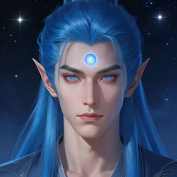 portrait of a beautiful blue haired elf man with open third eye spiritual art, third eye, handsome sci - fi face, space background, breathtaking stars, elegant, highly detailed, digital painting, artstation, concept art, smooth, sharp focus, illustration, art by artgerm and greg rutkowski and alphonse mucha