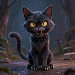 3d render cinematic A terror Cat created by Tim Burton, blender, pixar