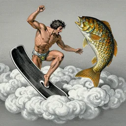 flippers half man half fish in the clouds dancing and fighting, in the style of gustave dore