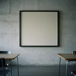 kodak portra 4 0 0, flashlight, muted colours, 1 9 2 0 s style, long shot, photo of a room with concrete walls and a huge square square picture frame, tiny gaussian blur, depth of field, 1 9 6 0 s metal furniture,