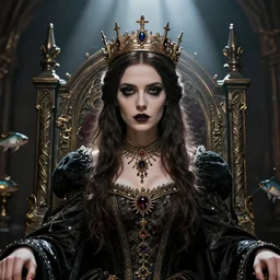 highly detailed closeup portrait of a goth medieval princess wearing a crown and sitting on a throne, nicoletta ceccoli, mark ryden, lostfish, global illumination, god rays, detailed and intricate environment