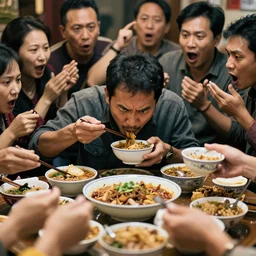 man eating many bowls of rich as people around him panic
